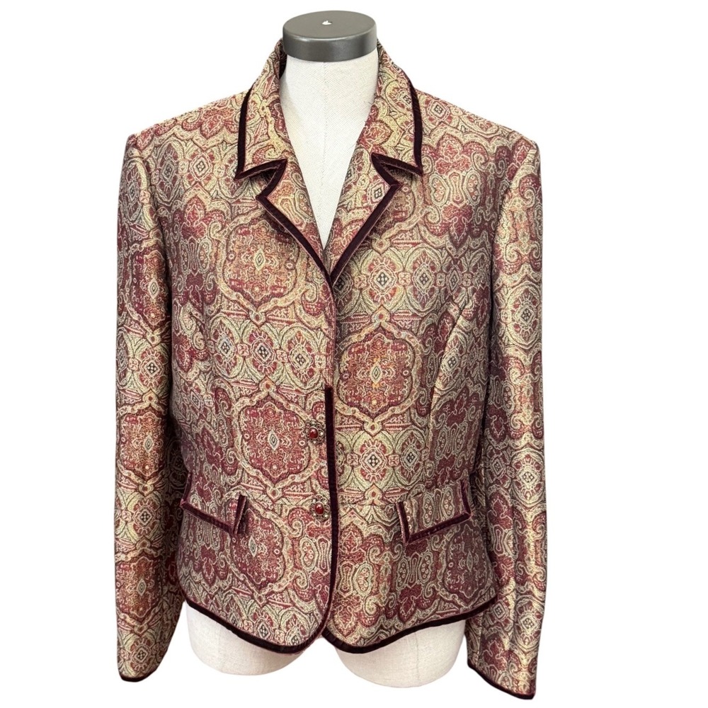 I.C.E. Womens Red Gold Metallic Paisley Brocade Blazer Velvet Trim Jacket L